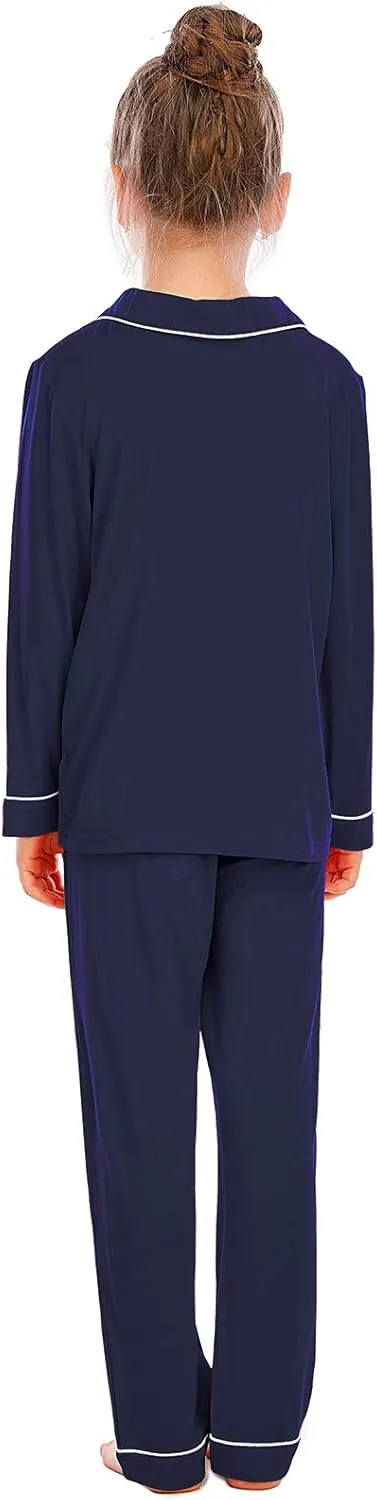 Veseacky Unisex Girls Boys Pajamas Long Sleeve Sleepwear Button-Down 2 Pcs Pjs Set for 5-14 Years