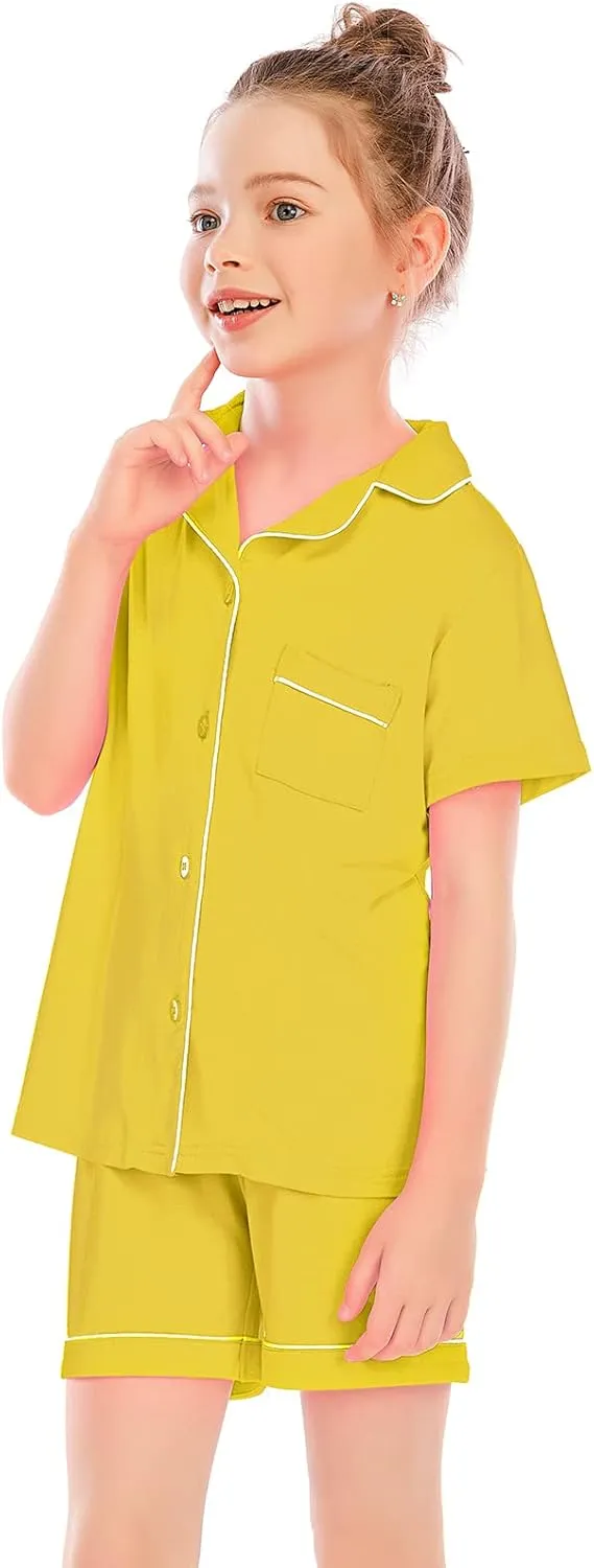 Veseacky Unisex Girls Boys Pajamas Long Sleeve Sleepwear Button-Down 2 Pcs Pjs Set for 5-14 Years