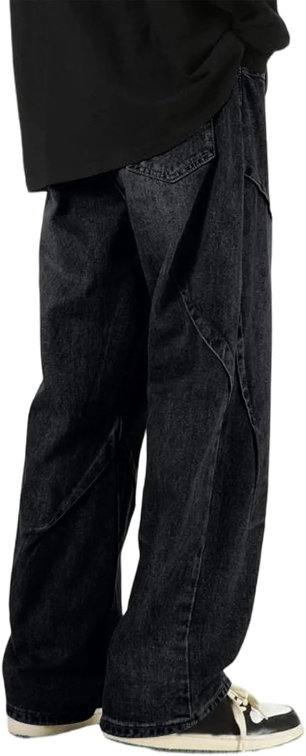 WENKOMG1 Mens Oversized Jeans Straight Leg Loose Fit Patchwork Denim Pants Washed Baggy Style Streetwear