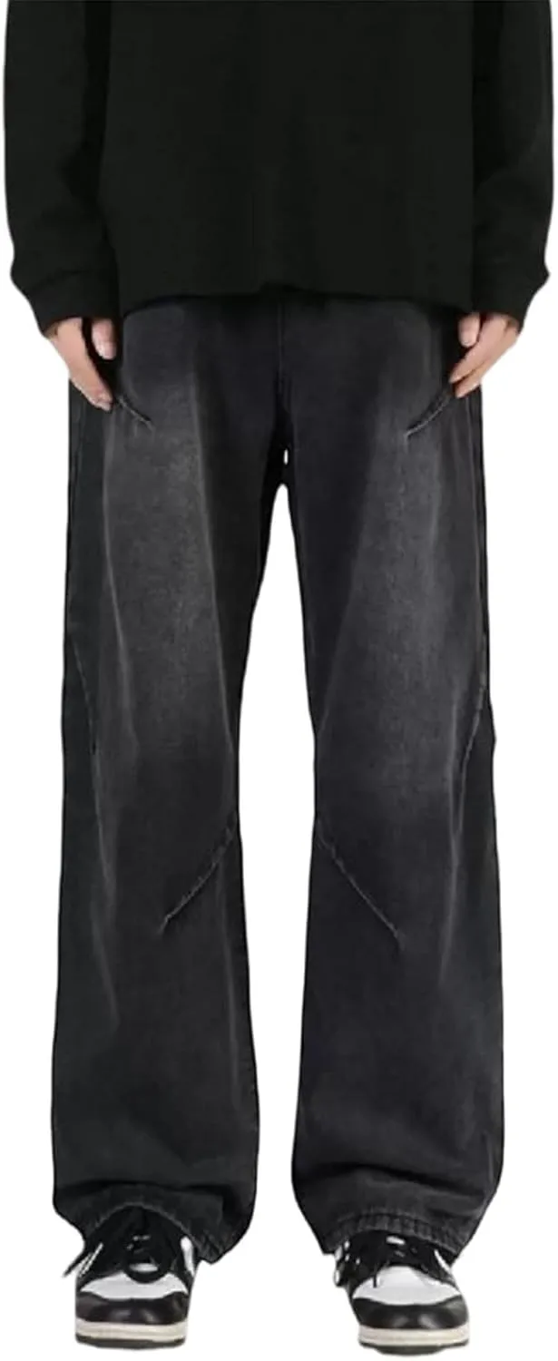 WENKOMG1 Mens Oversized Jeans Straight Leg Loose Fit Patchwork Denim Pants Washed Baggy Style Streetwear