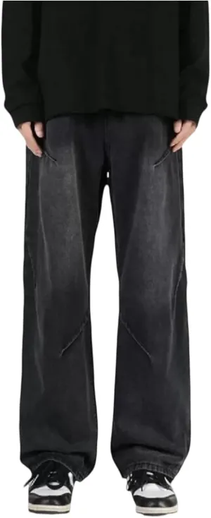 WENKOMG1 Mens Oversized Jeans Straight Leg Loose Fit Patchwork Denim Pants Washed Baggy Style Streetwear