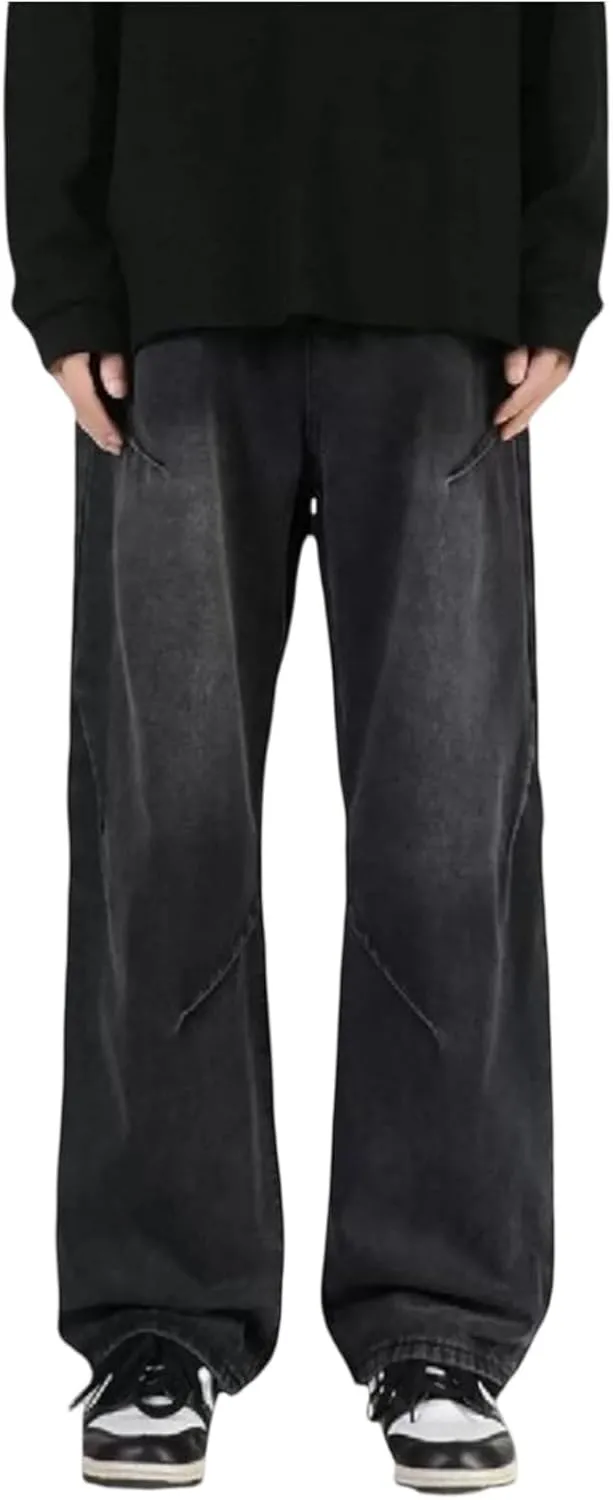 WENKOMG1 Mens Oversized Jeans Straight Leg Loose Fit Patchwork Denim Pants Washed Baggy Style Streetwear