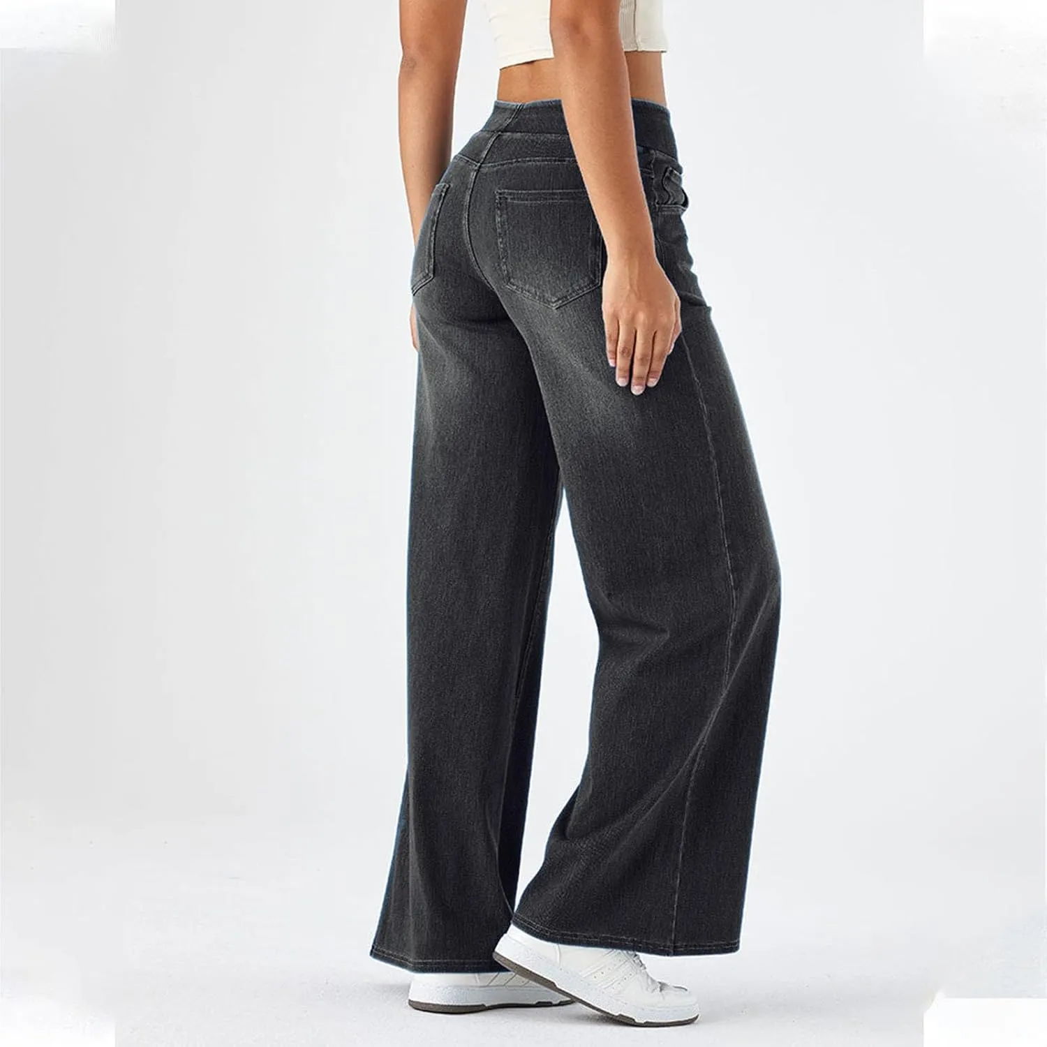 Wide Leg Jeans for Women Elastic High Waisted Denim Pants Long Loose Baggy Palazzo Jeans Stretch Jeans with Pockets