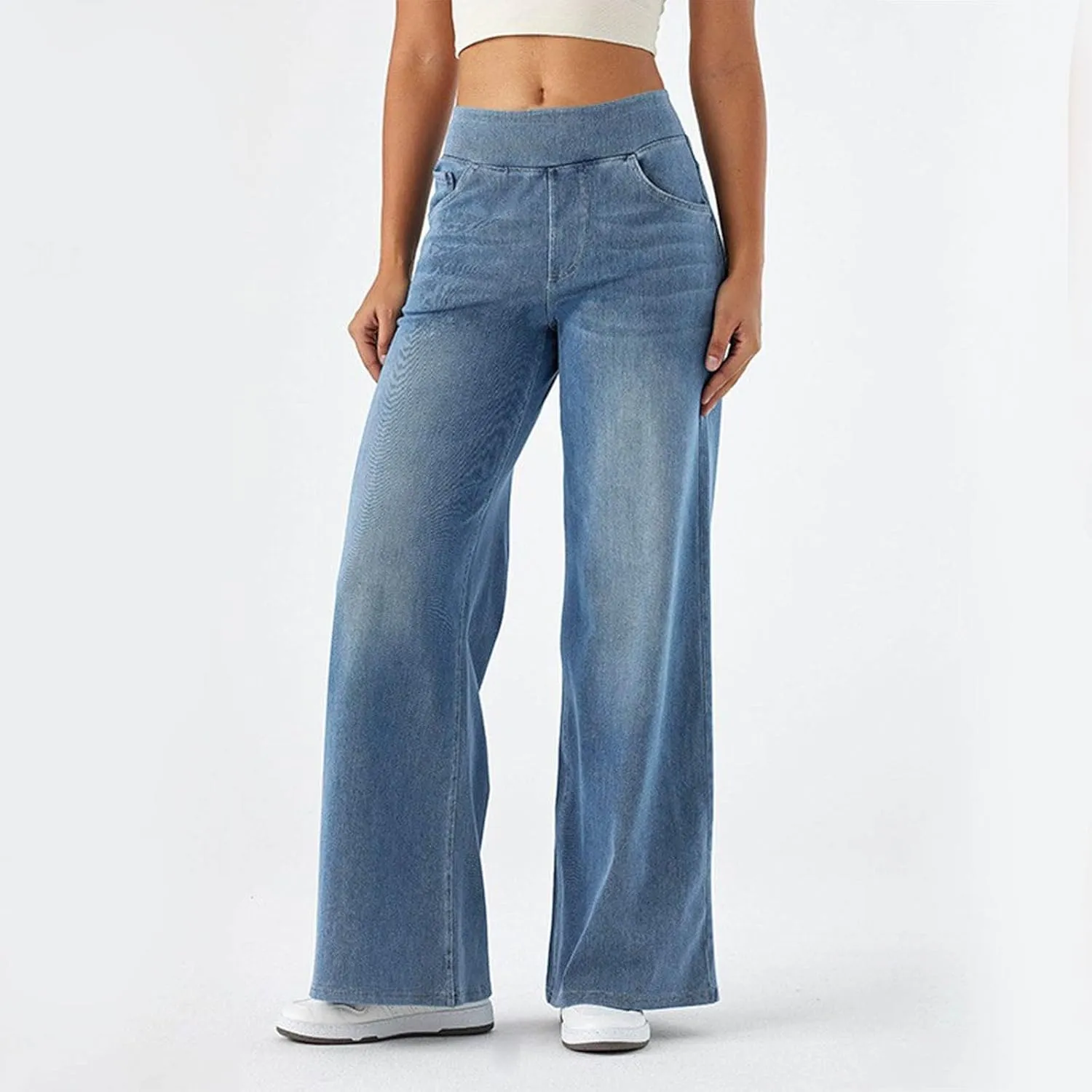Wide Leg Jeans for Women Elastic High Waisted Denim Pants Long Loose Baggy Palazzo Jeans Stretch Jeans with Pockets