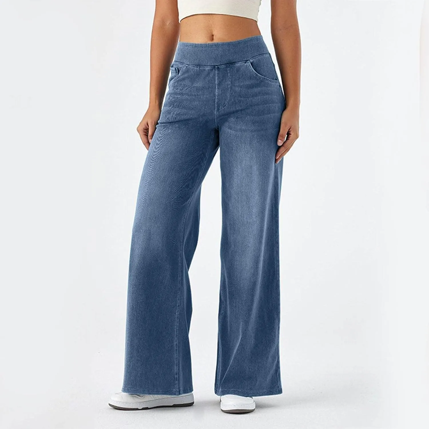Wide Leg Jeans for Women Elastic High Waisted Denim Pants Long Loose Baggy Palazzo Jeans Stretch Jeans with Pockets