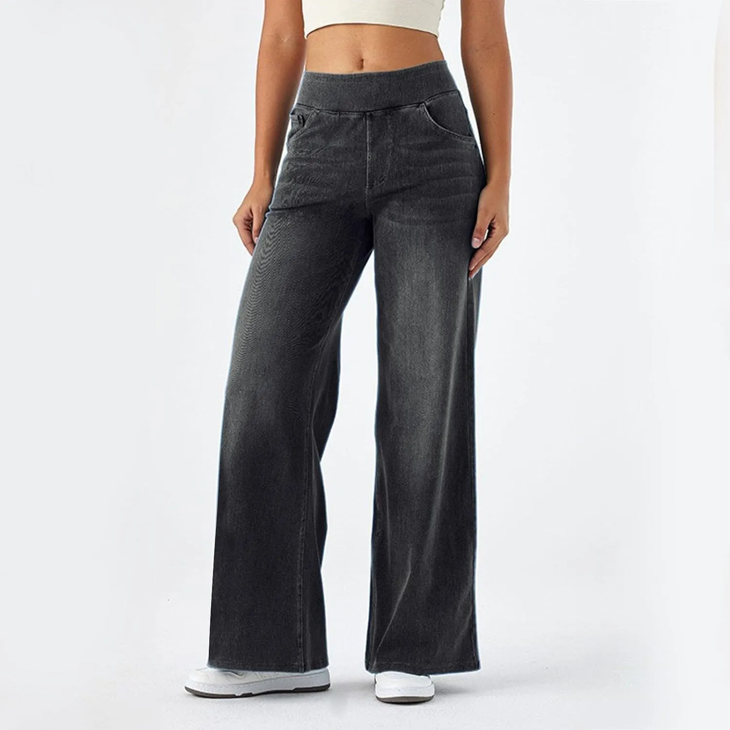 Wide Leg Jeans for Women Elastic High Waisted Denim Pants Long Loose Baggy Palazzo Jeans Stretch Jeans with Pockets