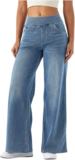 Wide Leg Jeans for Women Elastic High Waisted Denim Pants Long Loose Baggy Palazzo Jeans Stretch Jeans with Pockets