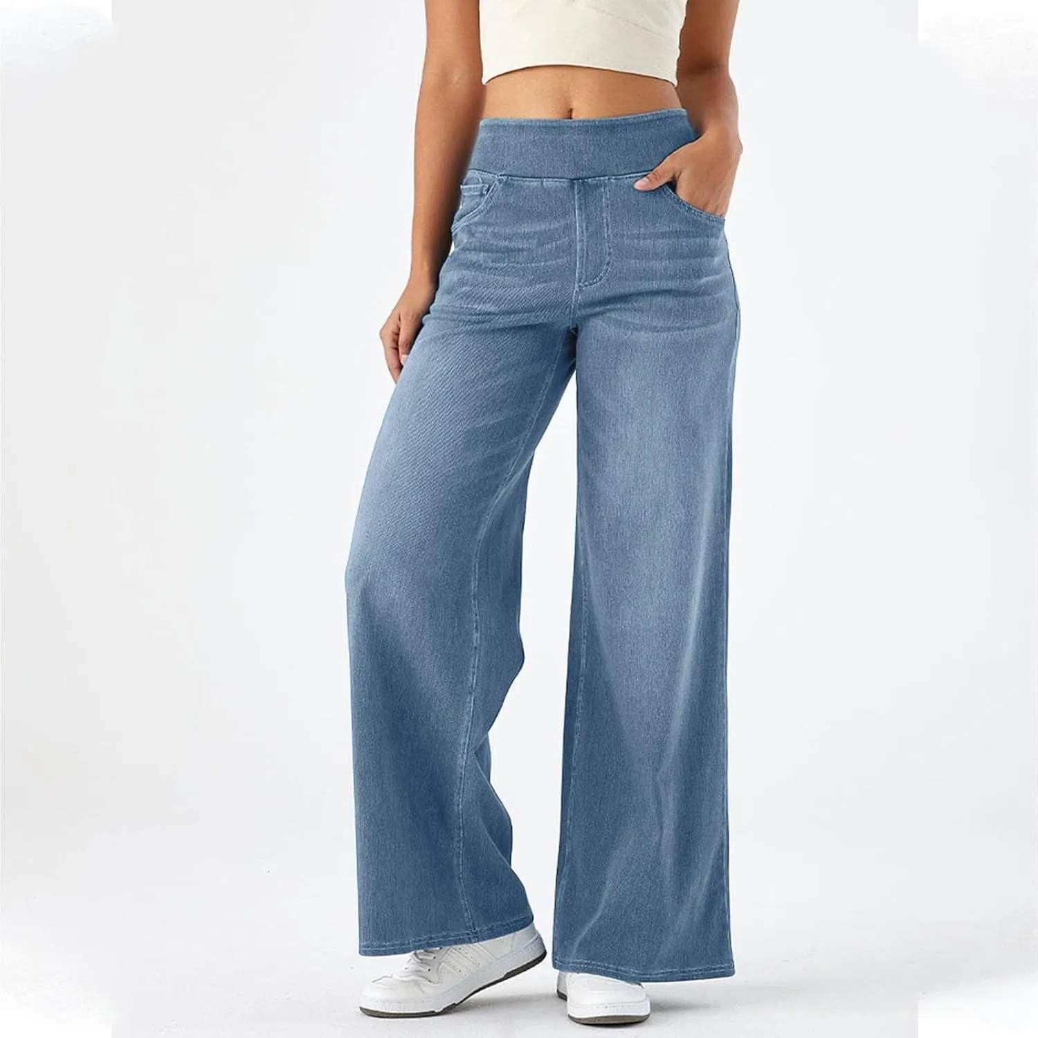 Wide Leg Jeans for Women Elastic High Waisted Denim Pants Long Loose Baggy Palazzo Jeans Stretch Jeans with Pockets