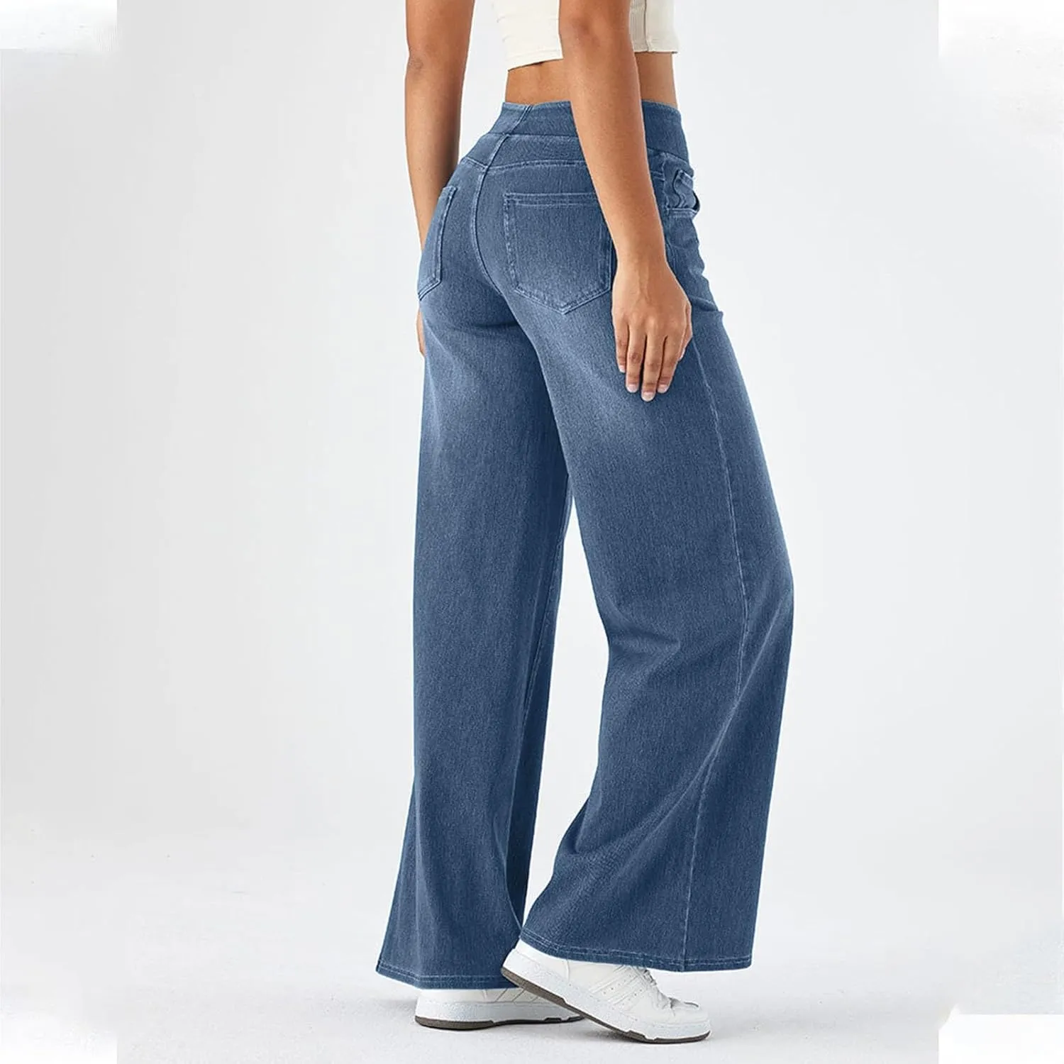 Wide Leg Jeans for Women Elastic High Waisted Denim Pants Long Loose Baggy Palazzo Jeans Stretch Jeans with Pockets