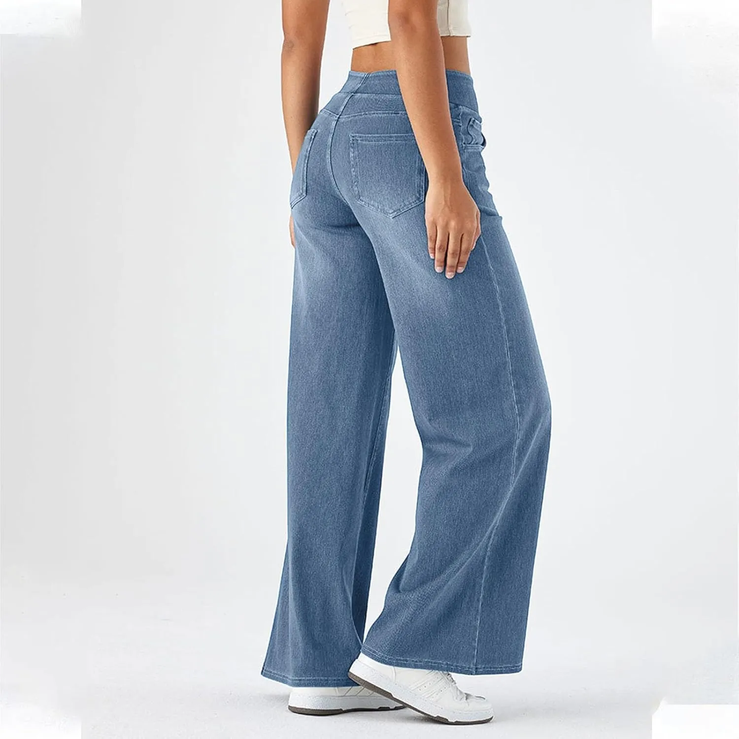 Wide Leg Jeans for Women Elastic High Waisted Denim Pants Long Loose Baggy Palazzo Jeans Stretch Jeans with Pockets