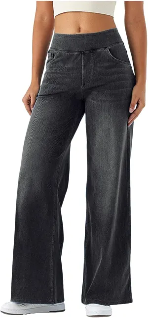 Wide Leg Jeans for Women Elastic High Waisted Denim Pants Long Loose Baggy Palazzo Jeans Stretch Jeans with Pockets