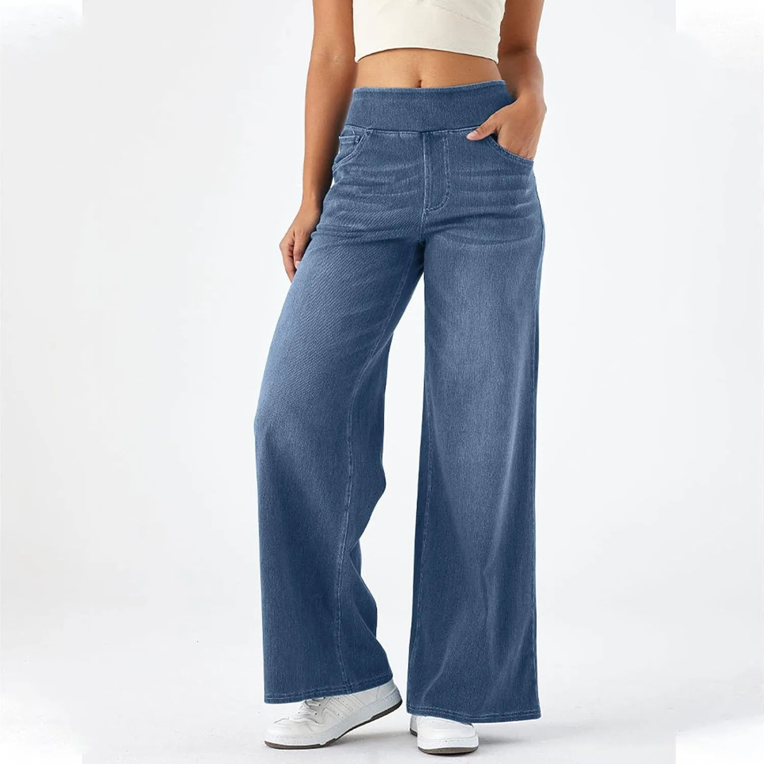 Wide Leg Jeans for Women Elastic High Waisted Denim Pants Long Loose Baggy Palazzo Jeans Stretch Jeans with Pockets