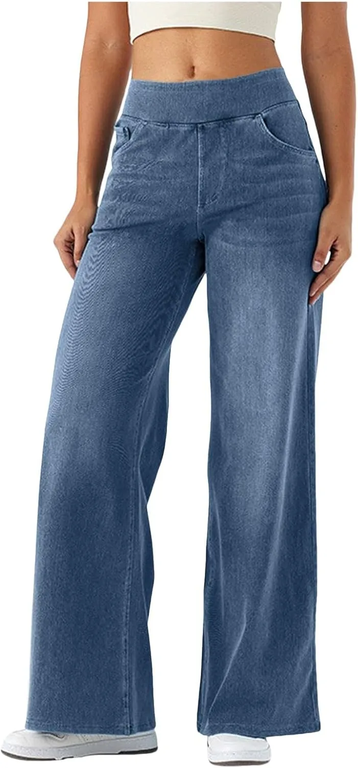 Wide Leg Jeans for Women Elastic High Waisted Denim Pants Long Loose Baggy Palazzo Jeans Stretch Jeans with Pockets