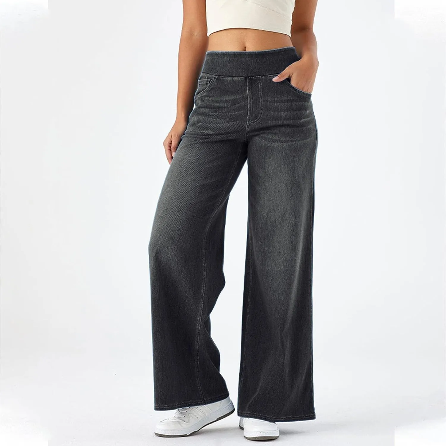 Wide Leg Jeans for Women Elastic High Waisted Denim Pants Long Loose Baggy Palazzo Jeans Stretch Jeans with Pockets