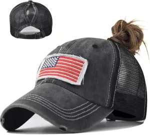 Woman Man Ponytail Baseball Cap - US Flag Breathable Mesh Outdoor Golf Sun Hat for Summer