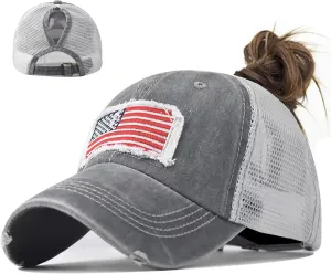 Woman Man Ponytail Baseball Cap - US Flag Breathable Mesh Outdoor Golf Sun Hat for Summer