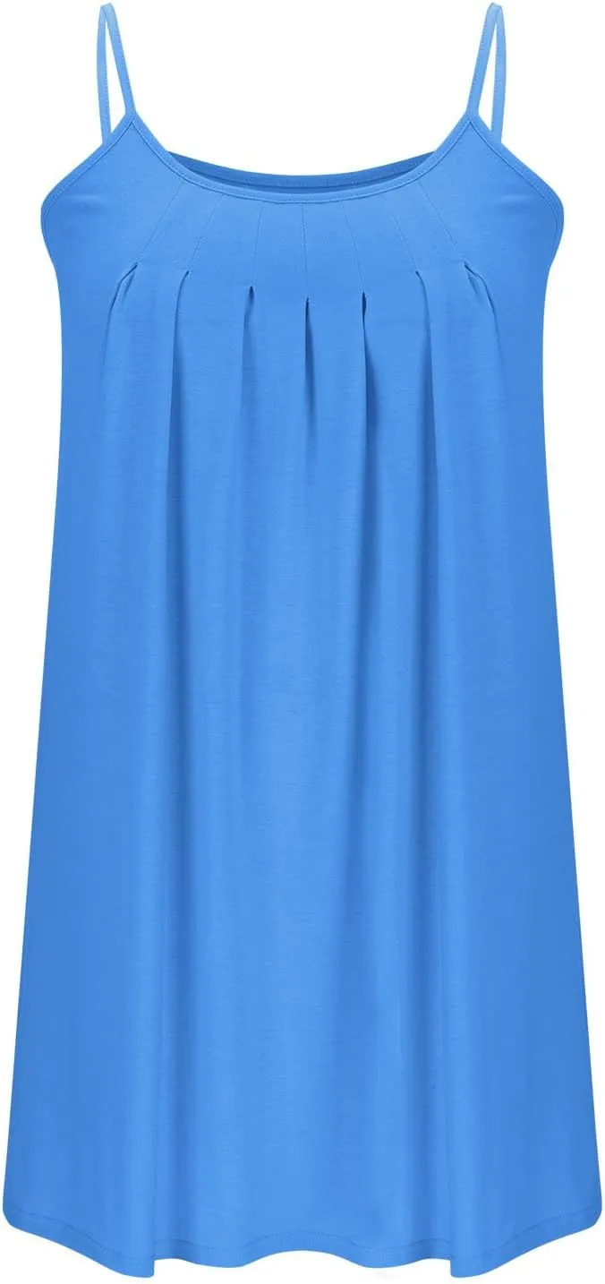 Women Basic Pleats Front Cami Dress Summer Sleeveless Crewneck Loungewear Tank Dresses Comfy Mini Pjs Dress Pocketed