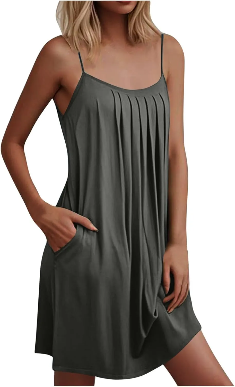 Women Basic Pleats Front Cami Dress Summer Sleeveless Crewneck Loungewear Tank Dresses Comfy Mini Pjs Dress Pocketed