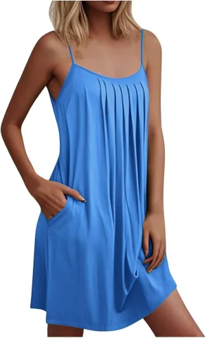 Women Basic Pleats Front Cami Dress Summer Sleeveless Crewneck Loungewear Tank Dresses Comfy Mini Pjs Dress Pocketed