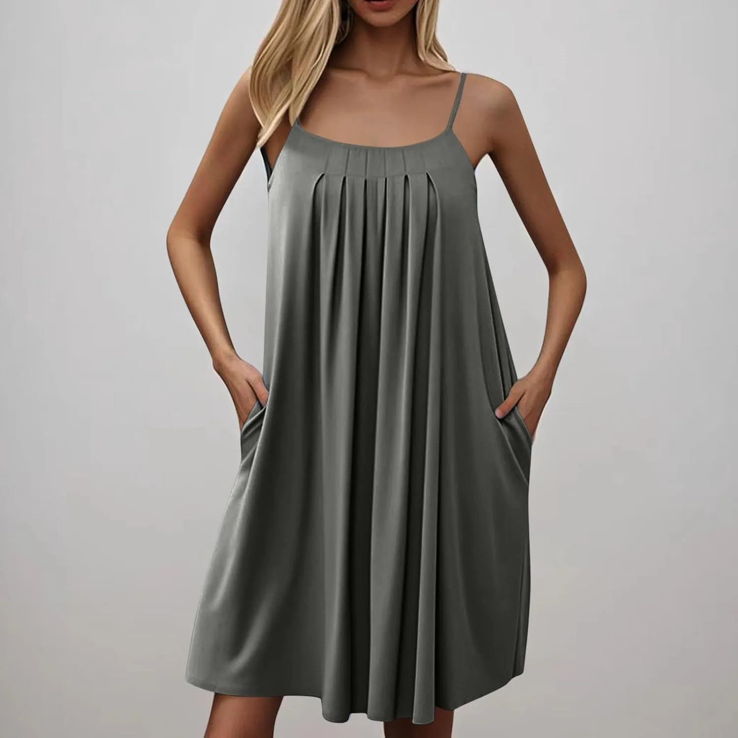 Women Basic Pleats Front Cami Dress Summer Sleeveless Crewneck Loungewear Tank Dresses Comfy Mini Pjs Dress Pocketed