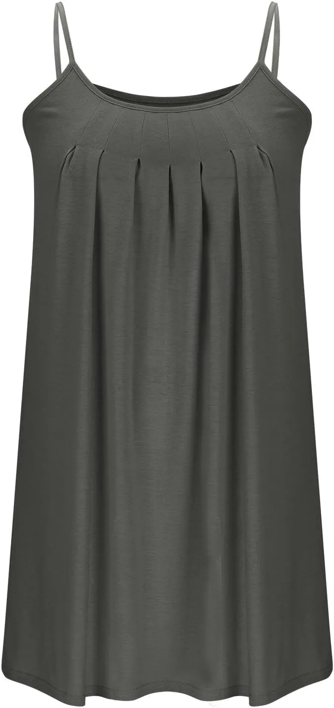 Women Basic Pleats Front Cami Dress Summer Sleeveless Crewneck Loungewear Tank Dresses Comfy Mini Pjs Dress Pocketed