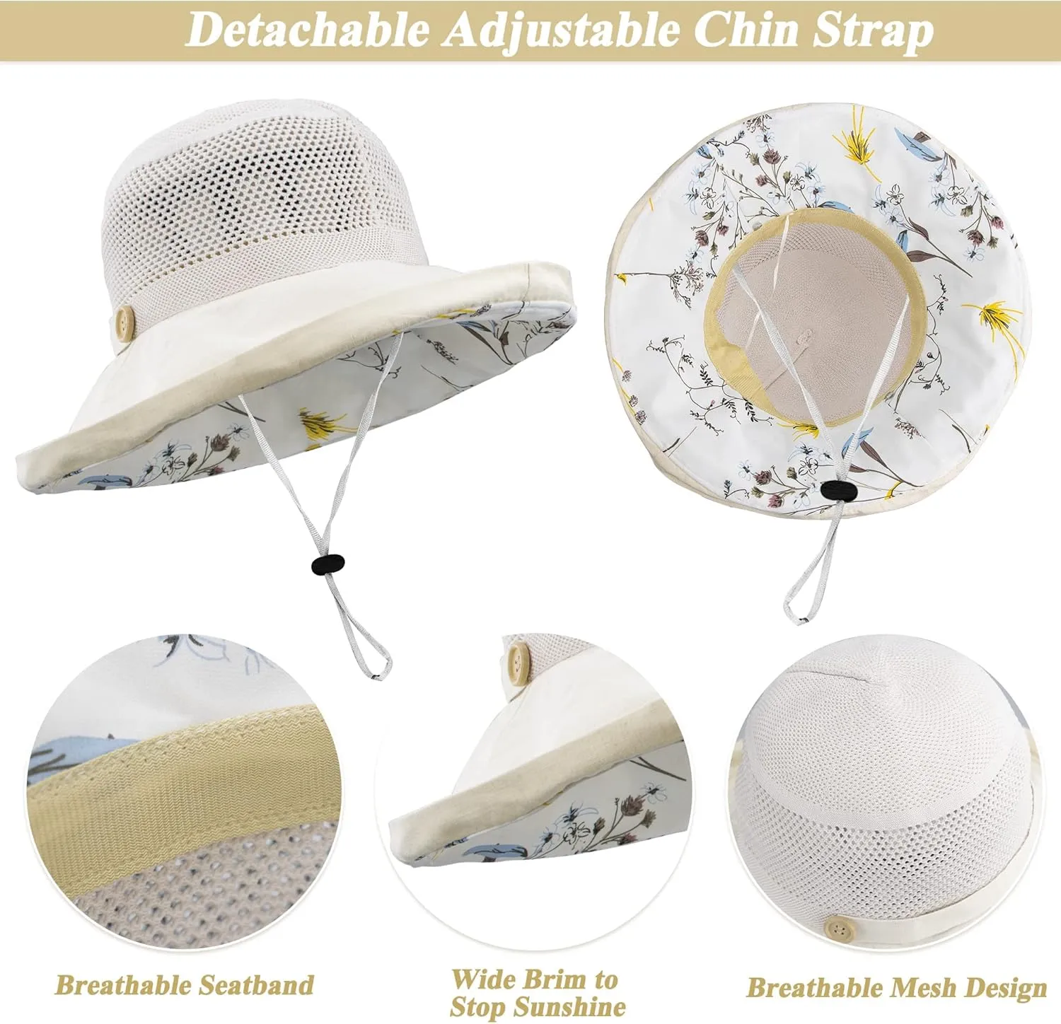 Women Bucket Sun Hats Wide Brim Lightweight & Breathable Mesh Beach Cap Floral UPF50  Fishing Hat