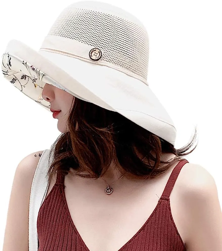 Women Bucket Sun Hats Wide Brim Lightweight & Breathable Mesh Beach Cap Floral UPF50  Fishing Hat