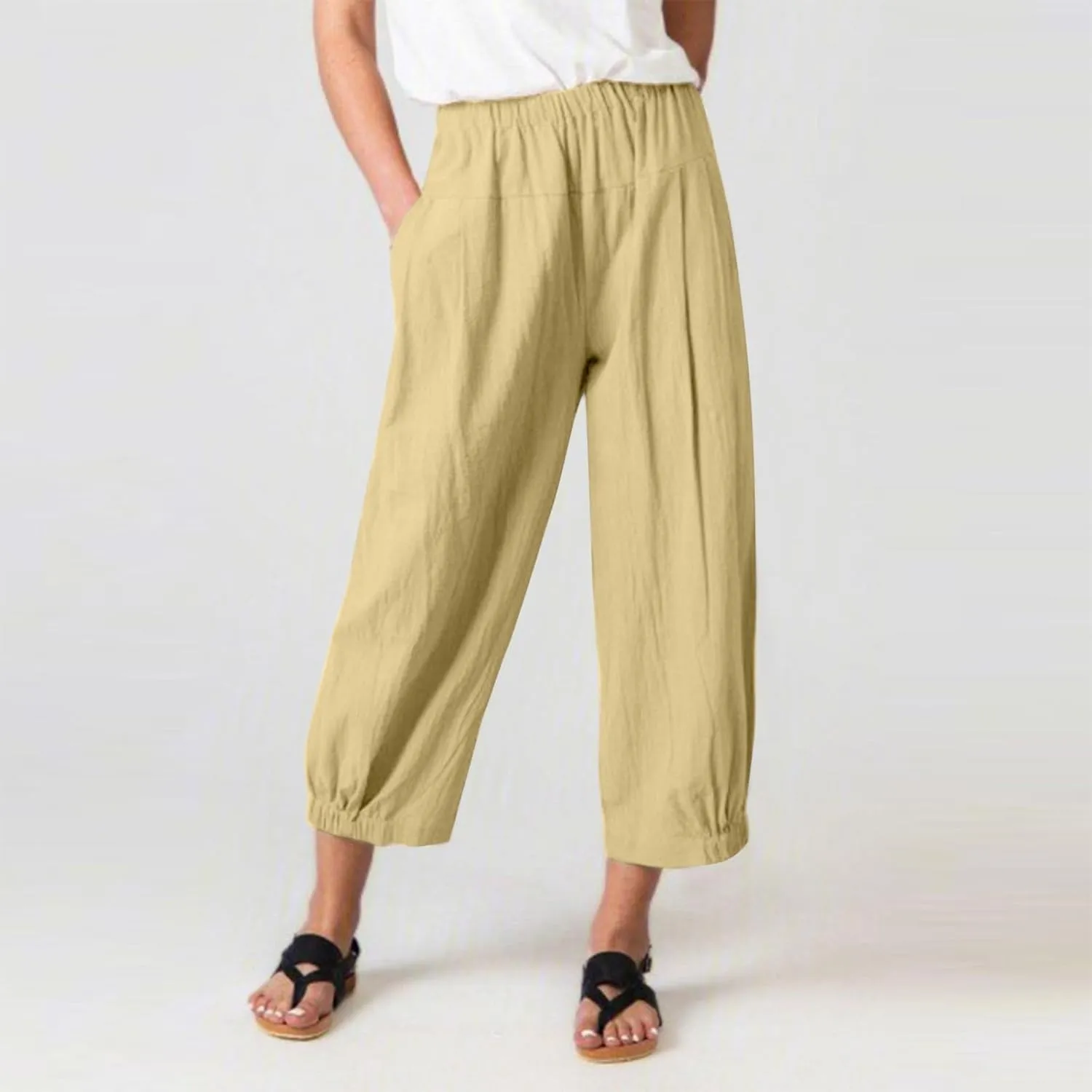 Women Capri Jeans High Waisted 2025 Spring Fashion Loose Pants Cropped Trousers Quick Dry Active Pockets Drawstring