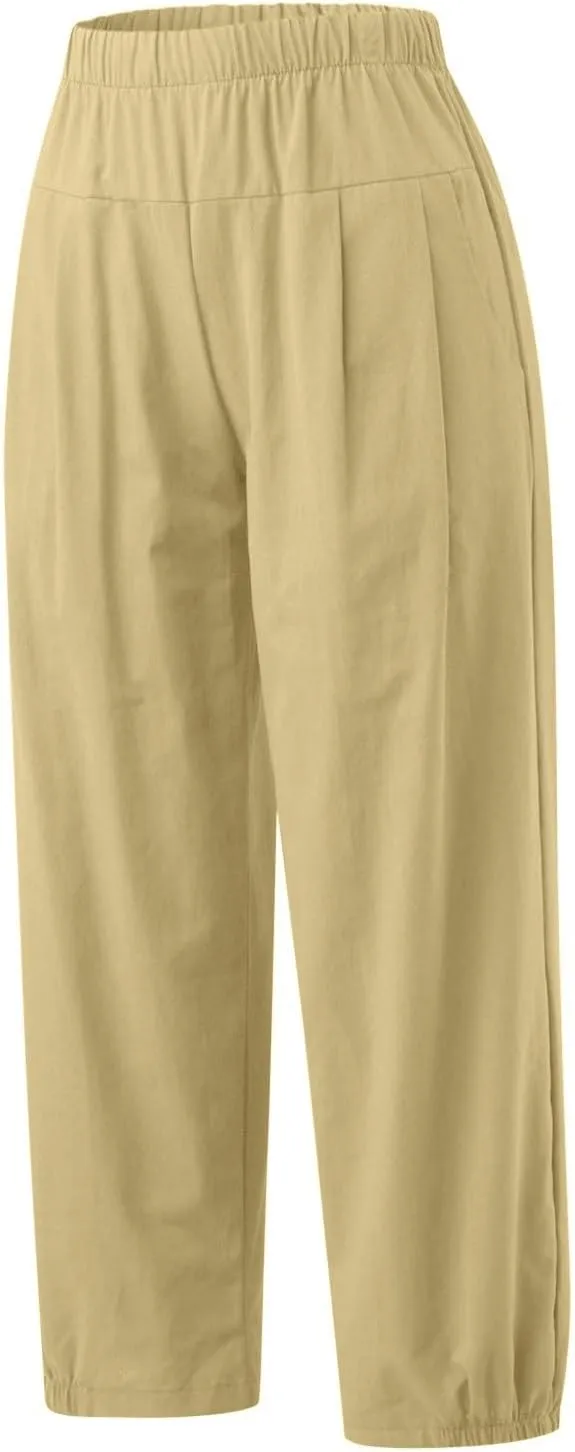 Women Capri Jeans High Waisted 2025 Spring Fashion Loose Pants Cropped Trousers Quick Dry Active Pockets Drawstring