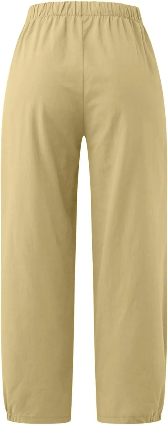 Women Capri Jeans High Waisted 2025 Spring Fashion Loose Pants Cropped Trousers Quick Dry Active Pockets Drawstring
