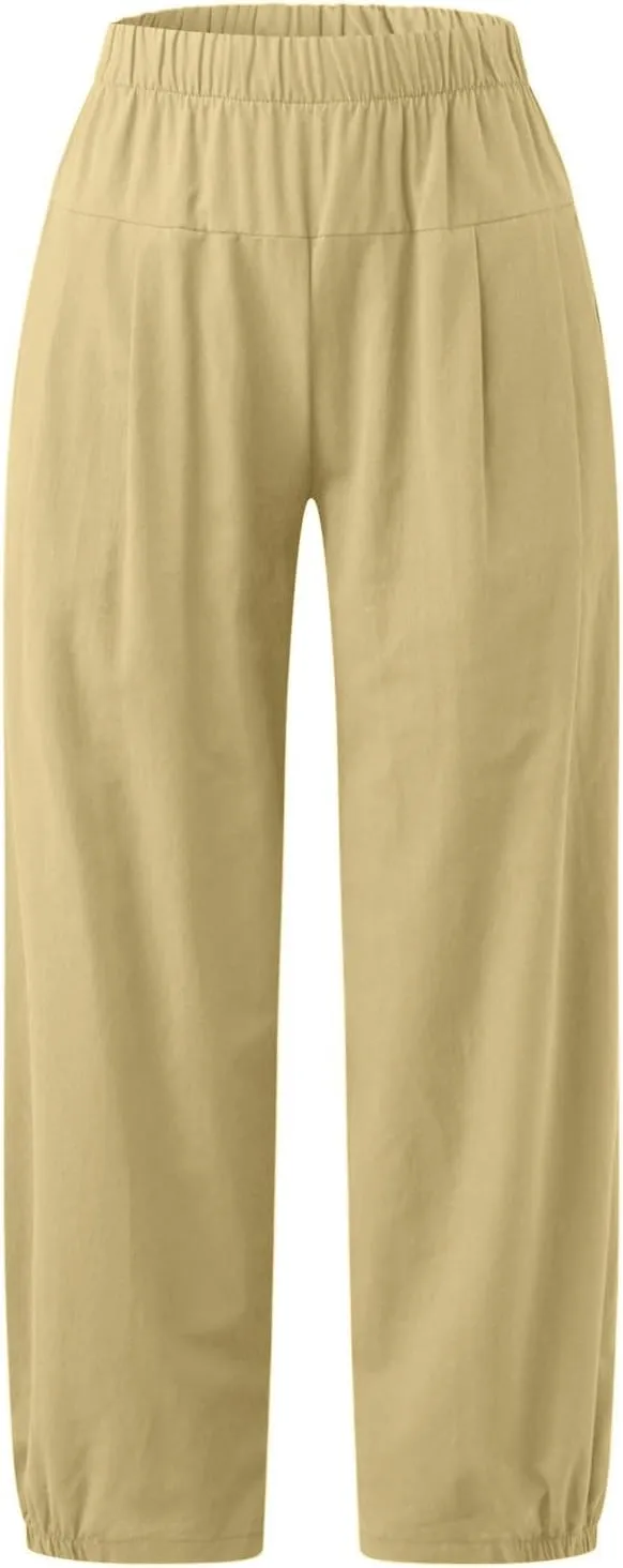 Women Capri Jeans High Waisted 2025 Spring Fashion Loose Pants Cropped Trousers Quick Dry Active Pockets Drawstring