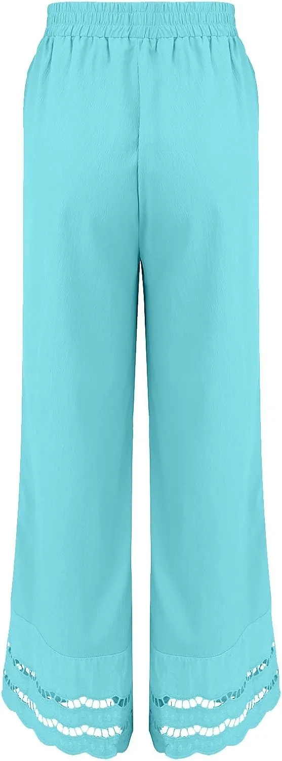 Women Dress Pants Summer Elastic Waist Drawstring Hem Stitching Lace Straight Leg Trousers Summer Pants with Pockets