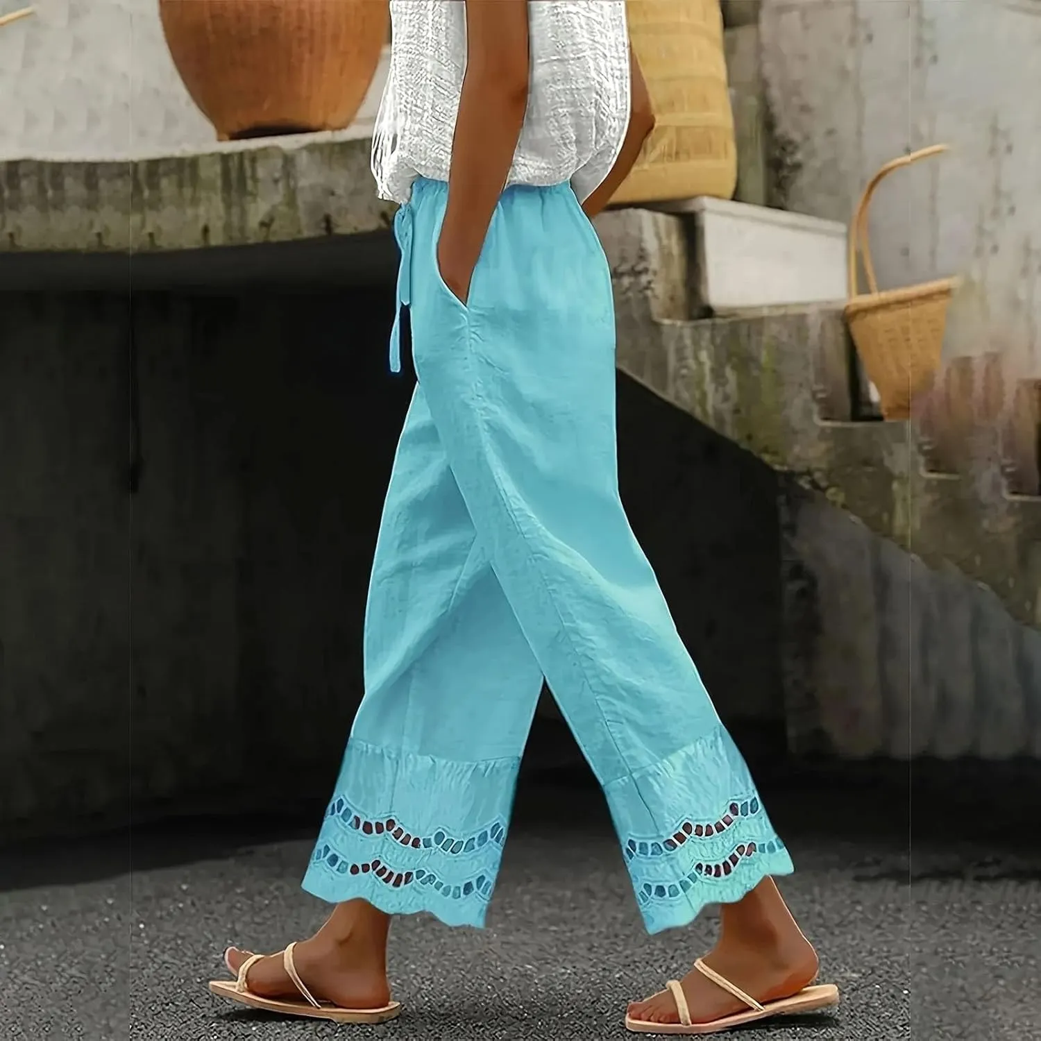 Women Dress Pants Summer Elastic Waist Drawstring Hem Stitching Lace Straight Leg Trousers Summer Pants with Pockets