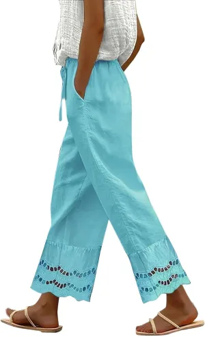 Women Dress Pants Summer Elastic Waist Drawstring Hem Stitching Lace Straight Leg Trousers Summer Pants with Pockets