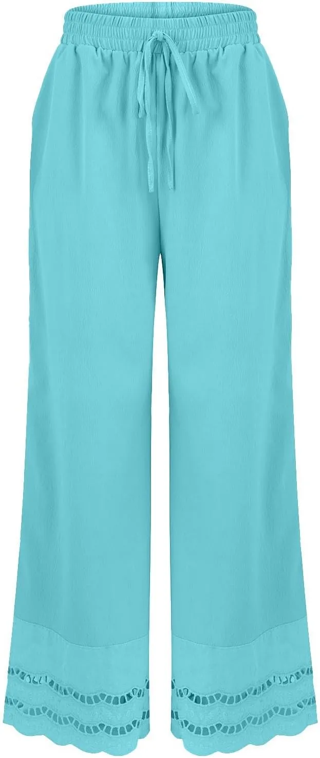 Women Dress Pants Summer Elastic Waist Drawstring Hem Stitching Lace Straight Leg Trousers Summer Pants with Pockets