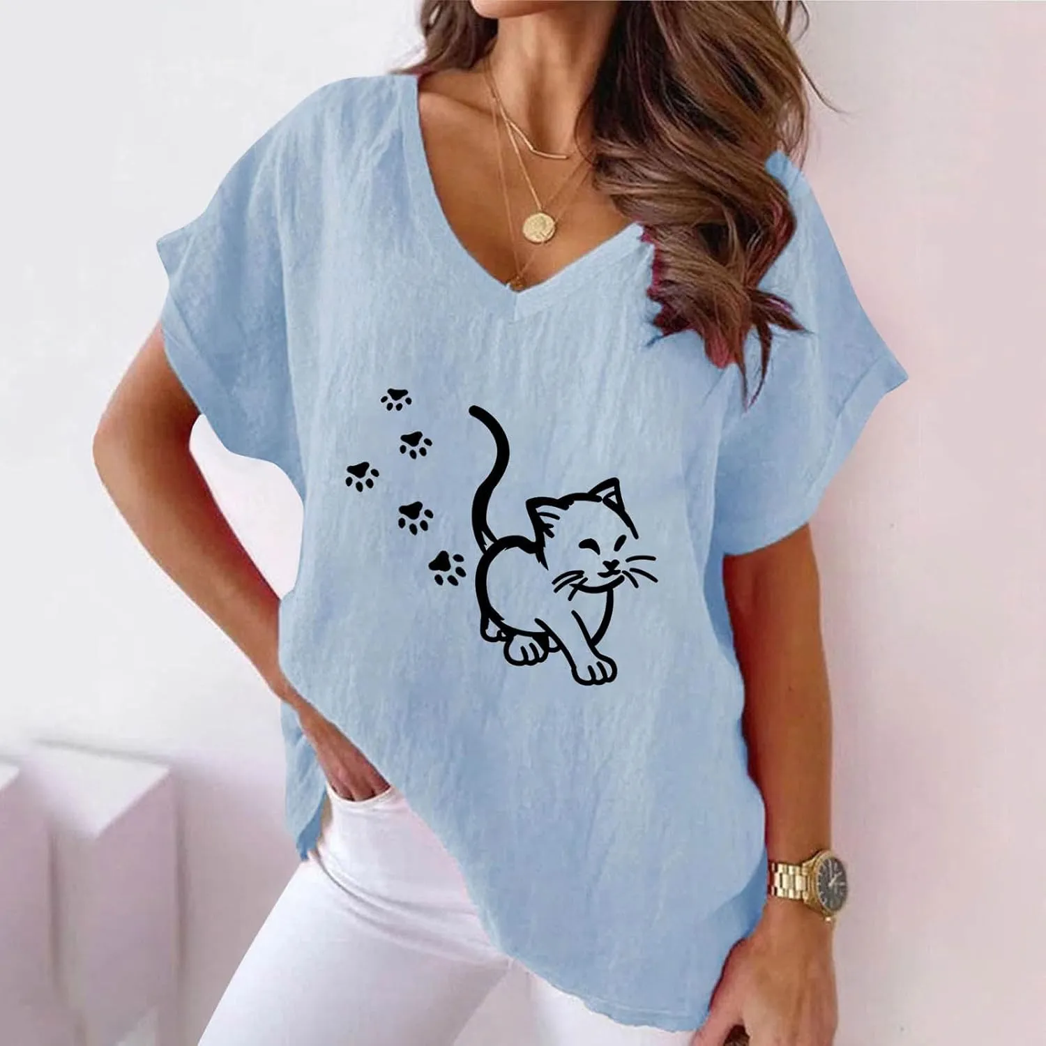 Women Funny Cat Graphic Print Shirts Loose Fit V Neck Blouse Short Sleeve Cotton Linen T Shirt Summer Tops