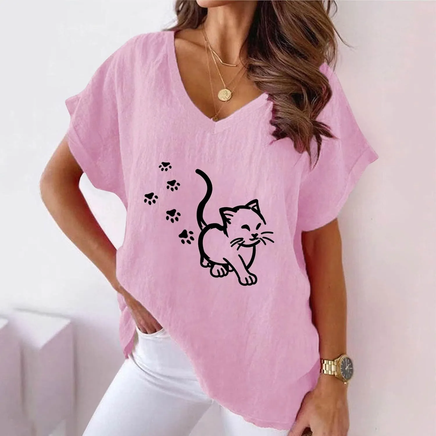 Women Funny Cat Graphic Print Shirts Loose Fit V Neck Blouse Short Sleeve Cotton Linen T Shirt Summer Tops
