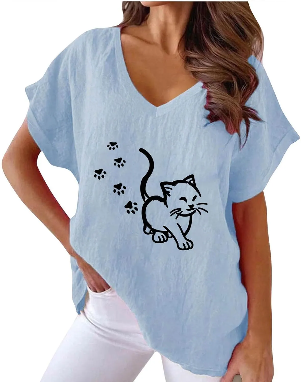 Women Funny Cat Graphic Print Shirts Loose Fit V Neck Blouse Short Sleeve Cotton Linen T Shirt Summer Tops