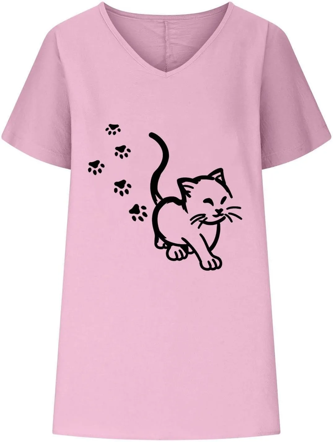 Women Funny Cat Graphic Print Shirts Loose Fit V Neck Blouse Short Sleeve Cotton Linen T Shirt Summer Tops
