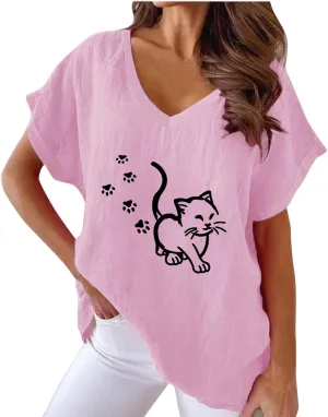 Women Funny Cat Graphic Print Shirts Loose Fit V Neck Blouse Short Sleeve Cotton Linen T Shirt Summer Tops