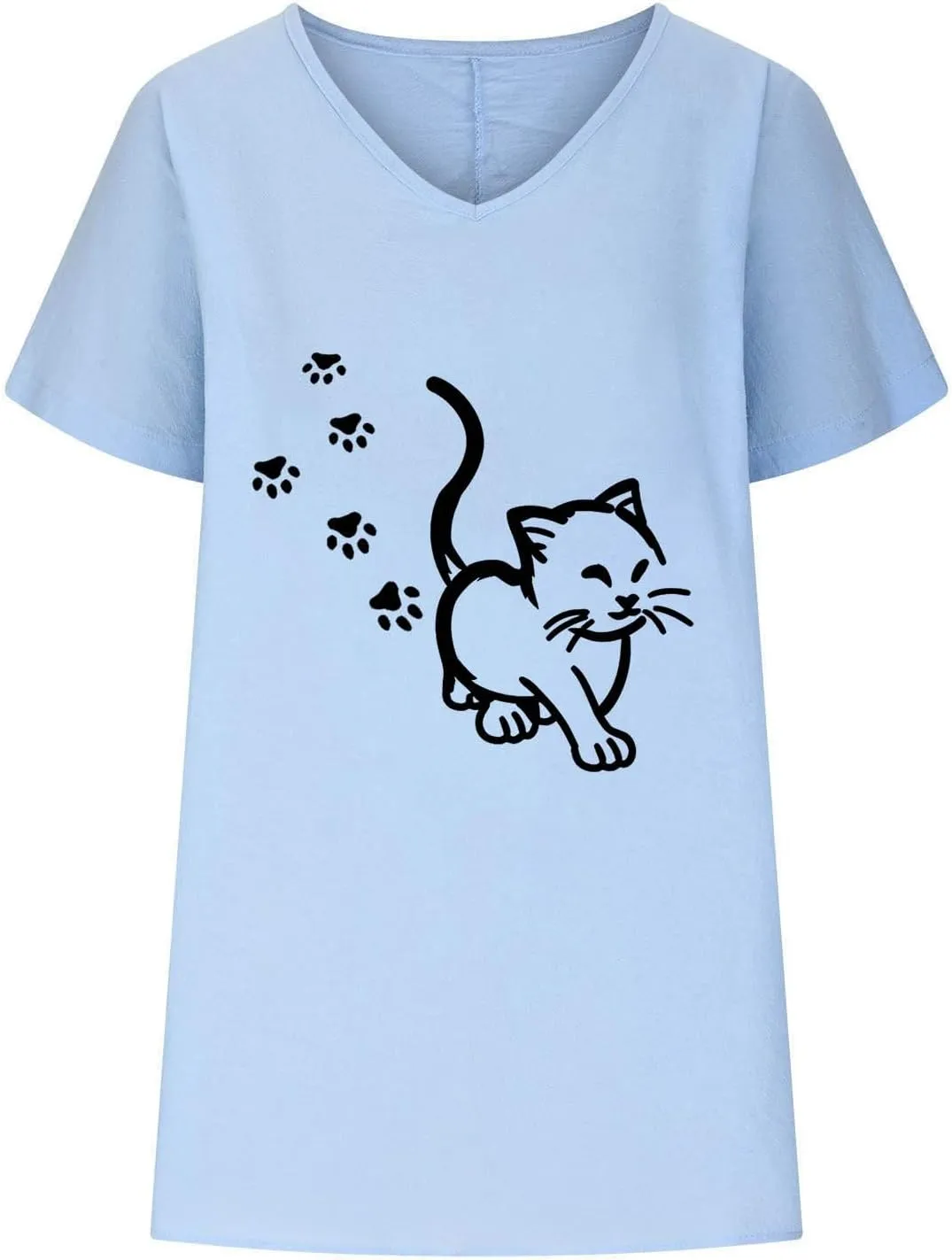 Women Funny Cat Graphic Print Shirts Loose Fit V Neck Blouse Short Sleeve Cotton Linen T Shirt Summer Tops