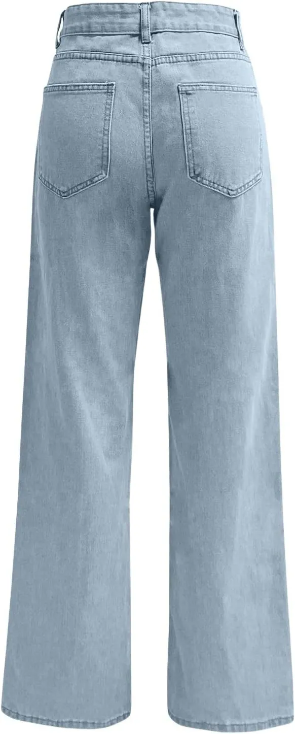 Women Jeans Fashion Straight Loose Jeans Dressy Summer High Waist Lounge Denim Pants with Pockets