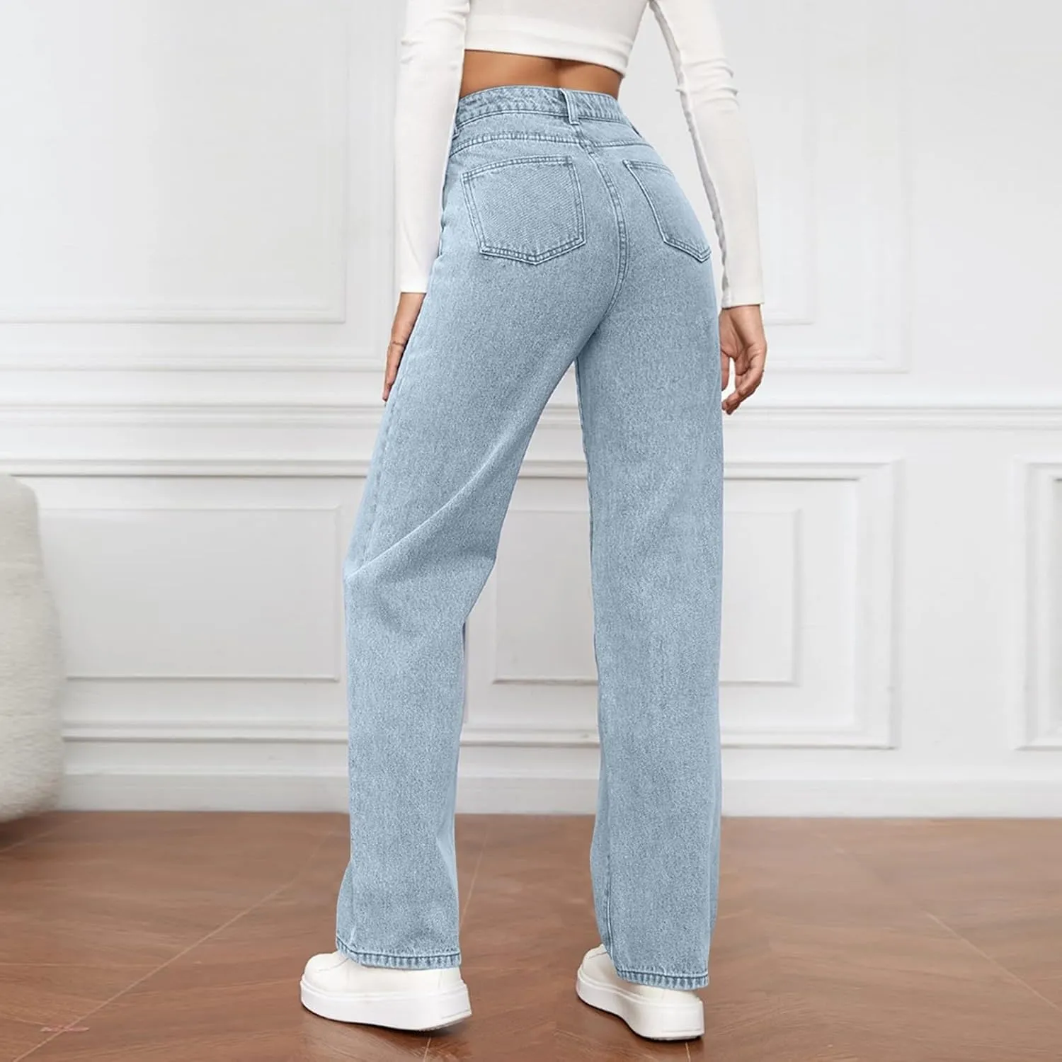 Women Jeans Fashion Straight Loose Jeans Dressy Summer High Waist Lounge Denim Pants with Pockets