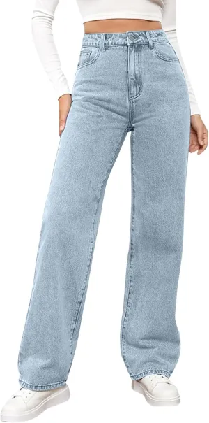 Women Jeans Fashion Straight Loose Jeans Dressy Summer High Waist Lounge Denim Pants with Pockets