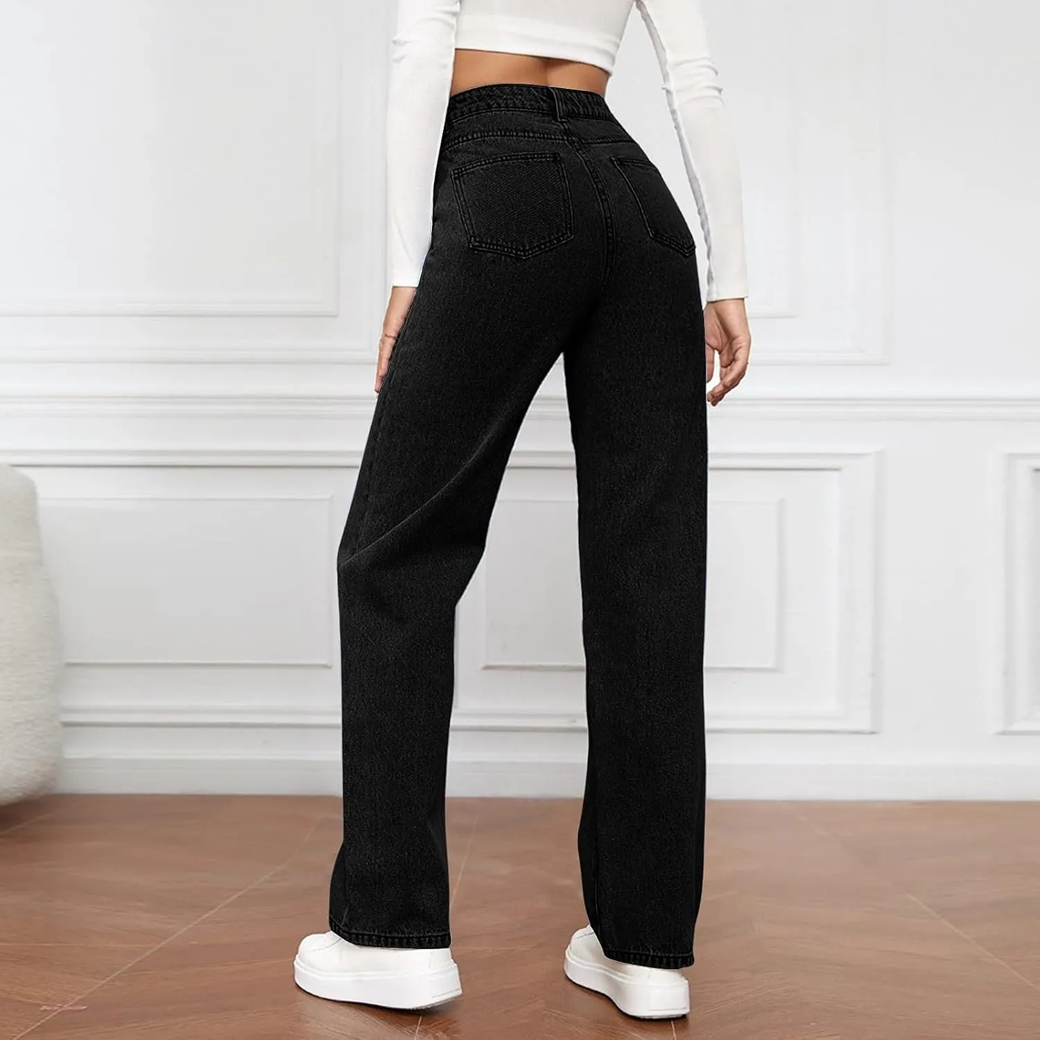 Women Jeans Fashion Straight Loose Jeans Dressy Summer High Waist Lounge Denim Pants with Pockets