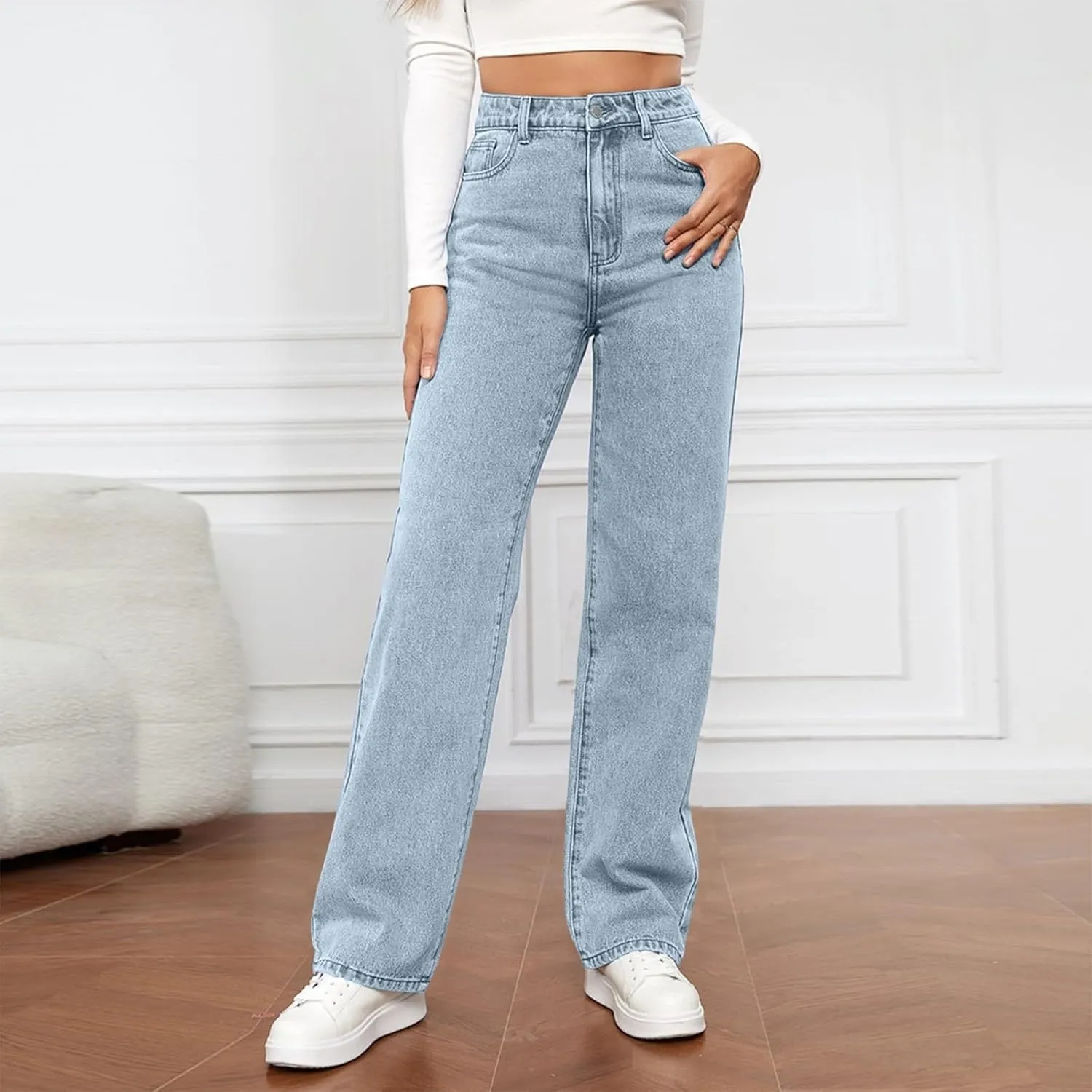 Women Jeans Fashion Straight Loose Jeans Dressy Summer High Waist Lounge Denim Pants with Pockets