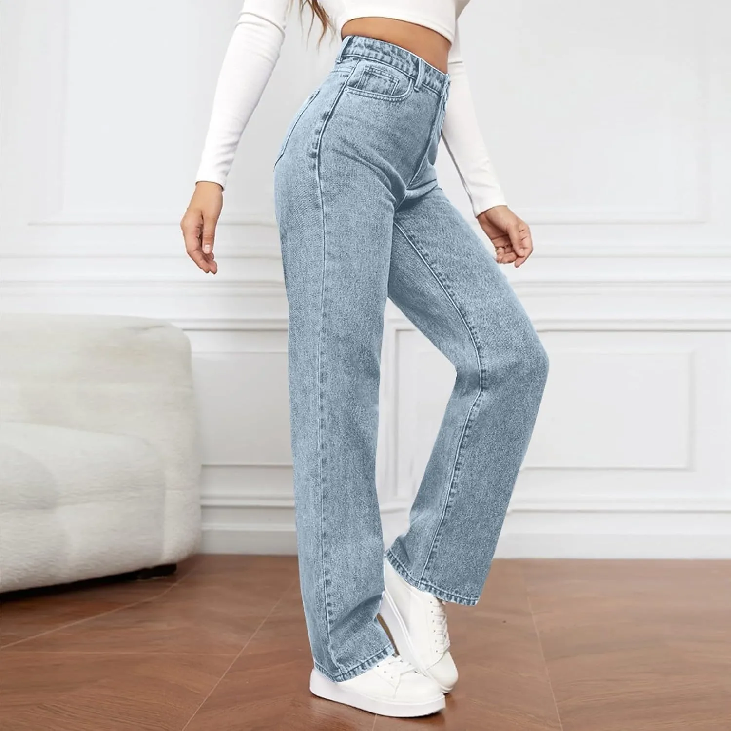 Women Jeans Fashion Straight Loose Jeans Dressy Summer High Waist Lounge Denim Pants with Pockets
