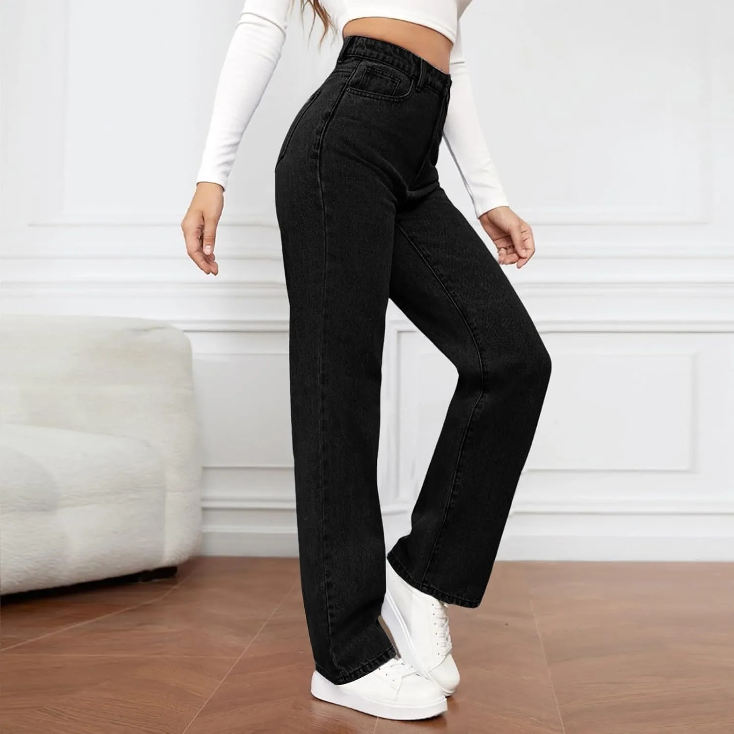 Women Jeans Fashion Straight Loose Jeans Dressy Summer High Waist Lounge Denim Pants with Pockets