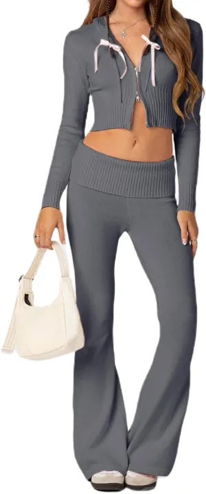 Women Knit Two Piece Set Y2k Long Sleeve Zip Up Crop Hoodie and Low Rise Flare Leggings Jogger Pants Set Loungewear