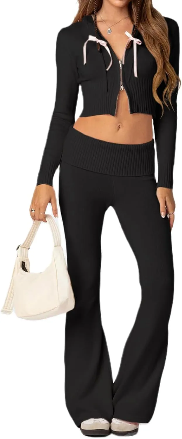 Women Knit Two Piece Set Y2k Long Sleeve Zip Up Crop Hoodie and Low Rise Flare Leggings Jogger Pants Set Loungewear